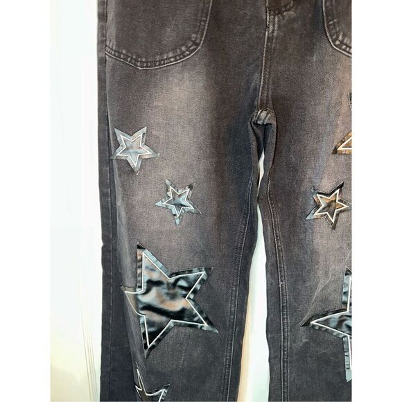 Y2K Streetwear Printed Star Patchwork  Baggy Jeans wide legged size Large L 8 - - Picture 6 of 9